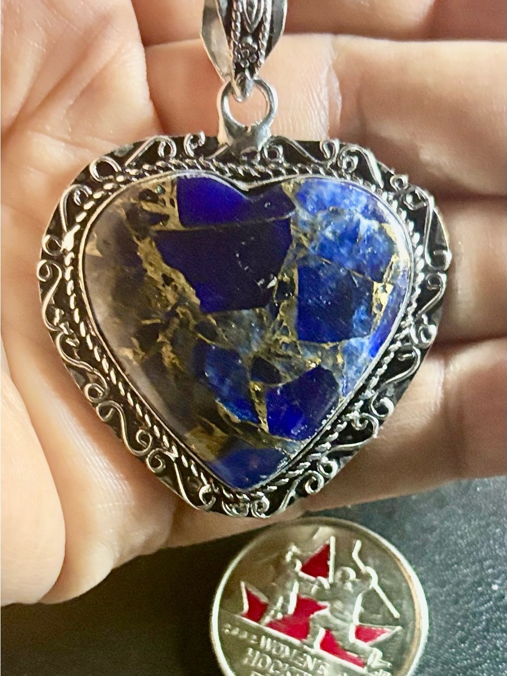 Blue Mosaic Sodalite and Pyrite Heart Pendant Necklace - 925 Silver Frame